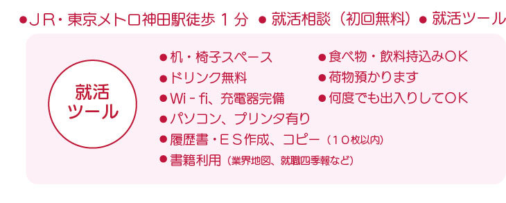 •● 1日に会社説明会、面接が重なっても、時間調整できます。 •● 履歴書・ESの作成・緊急の修正に対応できます。(オプション:添削指導サポート有り) •● 外食やめてコンビニで昼食・夕食を購入して持込みOKなので、出費を抑えられます。 •● 自宅よりも集中して企業研究~エントリー作業ができるので、精度があがります。 •● 採用試験直前に声を出して面接練習できます。(オプション:面接指導サポート有り) •● 開放時間:11:00~21:00 年中無休(状況に応じて時間変更・臨時休業があります) •● ご予約:03-5207-6046 • ※ 満員になる・研修がある場合があります。必ずご一報ください。 • ※ オプション:就活個別指導は、ワンポイントレッスン、1週間、1ヶ月~など、状況に応じて対応します。お気軽にお尋ねください。