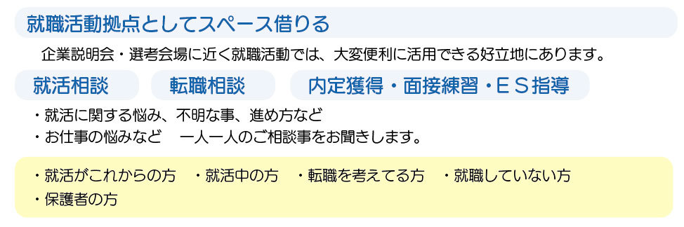 就職活動拠点としてスペース借りる 就活相談 転職相談 内定獲得 面接指導 ES指導 就活悩み 保護者