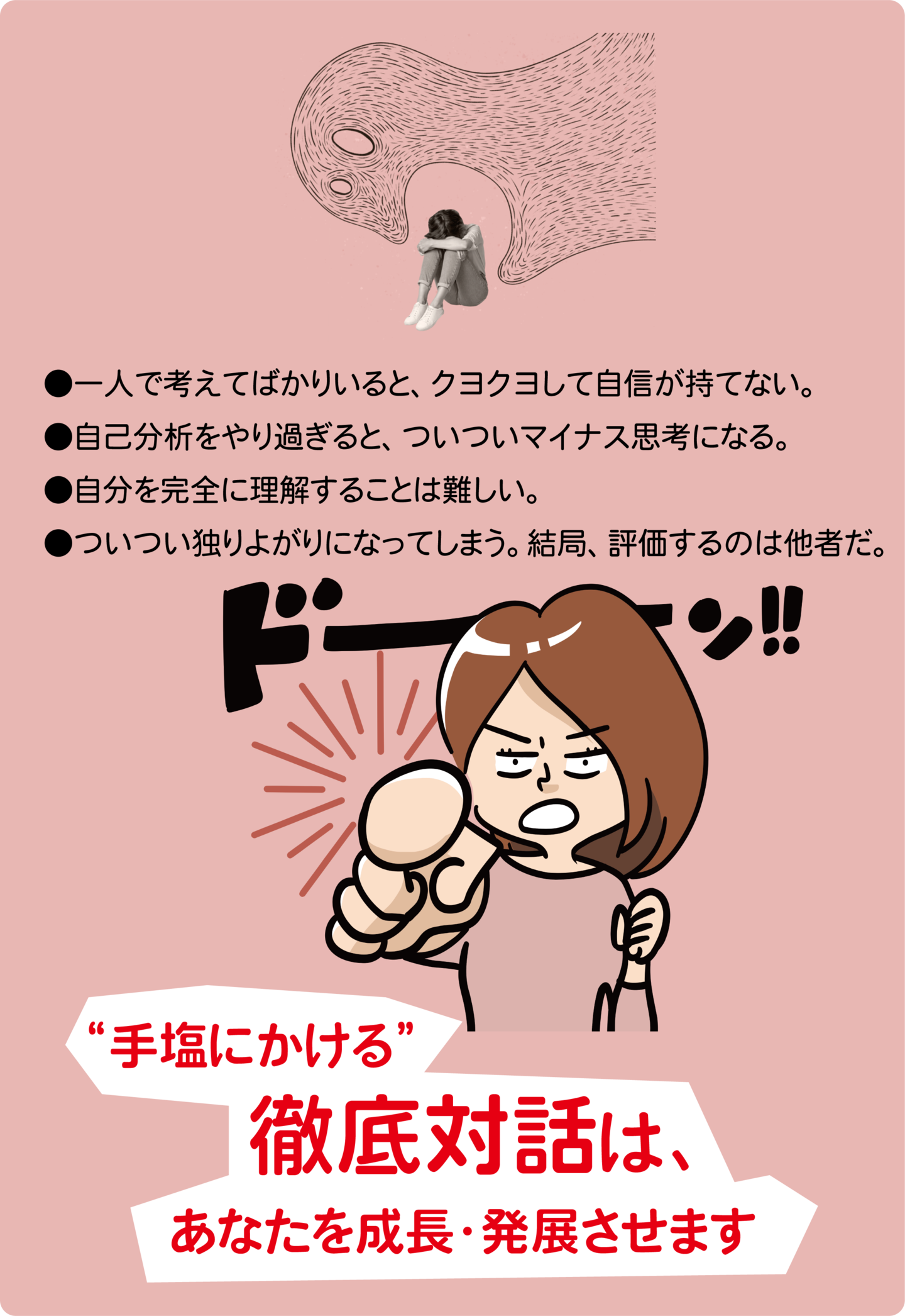 ●一人で考えてばかりいると、クヨクヨして自信が持てない。  ●自己分析をやり過ぎると、ついついマイナス思考になる。  ●自分を完全に理解することは難しい。  ●ついつい独りよがりになってしまう。結局、評価するのは他者だ。  “手塩にかける”「徹底対話」は、あなたを成長・発展させます